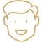 Simple line drawing of smiling male face, representing dental patient or dental care icon.