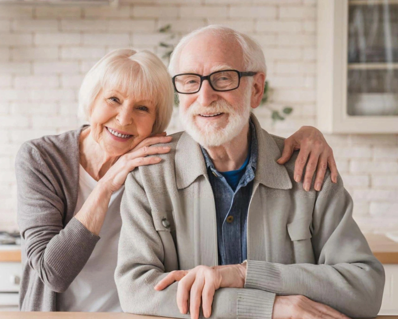 Smiling older couple posing together in a bright home setting, man wearing glasses and tan jacket.