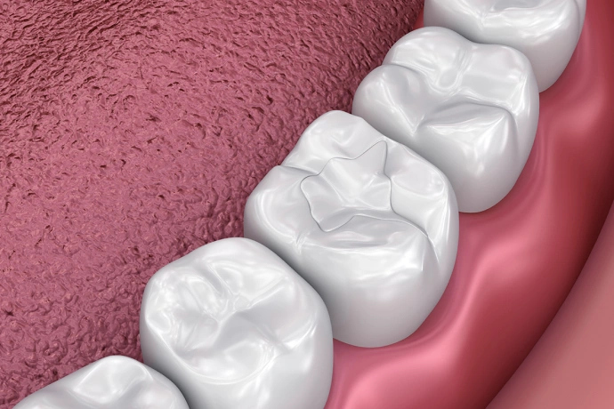 3D dental illustration showing white teeth on pink gum tissue model for cosmetic dentistry.