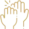 Three hands reaching upward in collaborative gesture, symbolizing teamwork and community support.