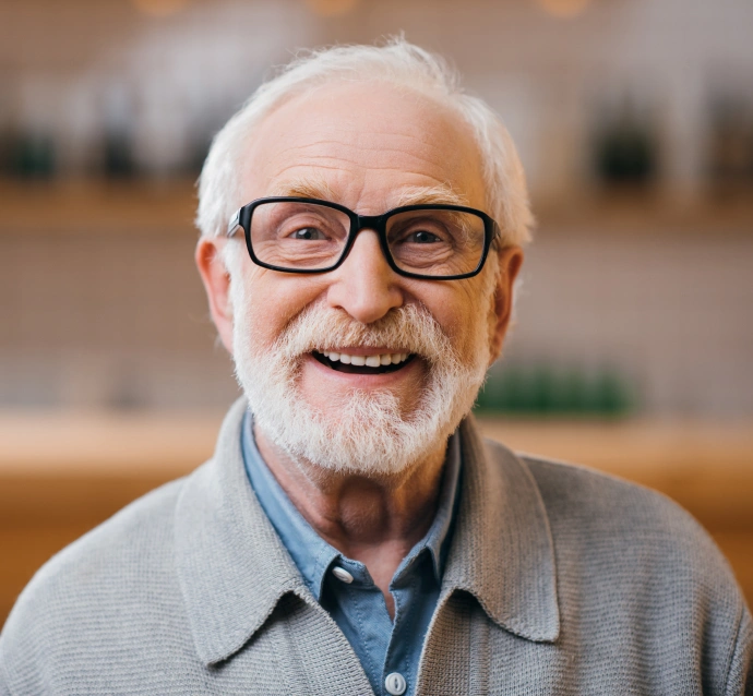 Smiling older man with glasses wearing casual shirt in dental office setting.