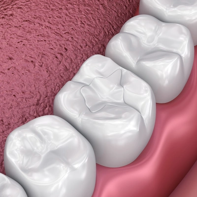 Three white dental crowns displayed on pink gum model showing dental restoration procedure.